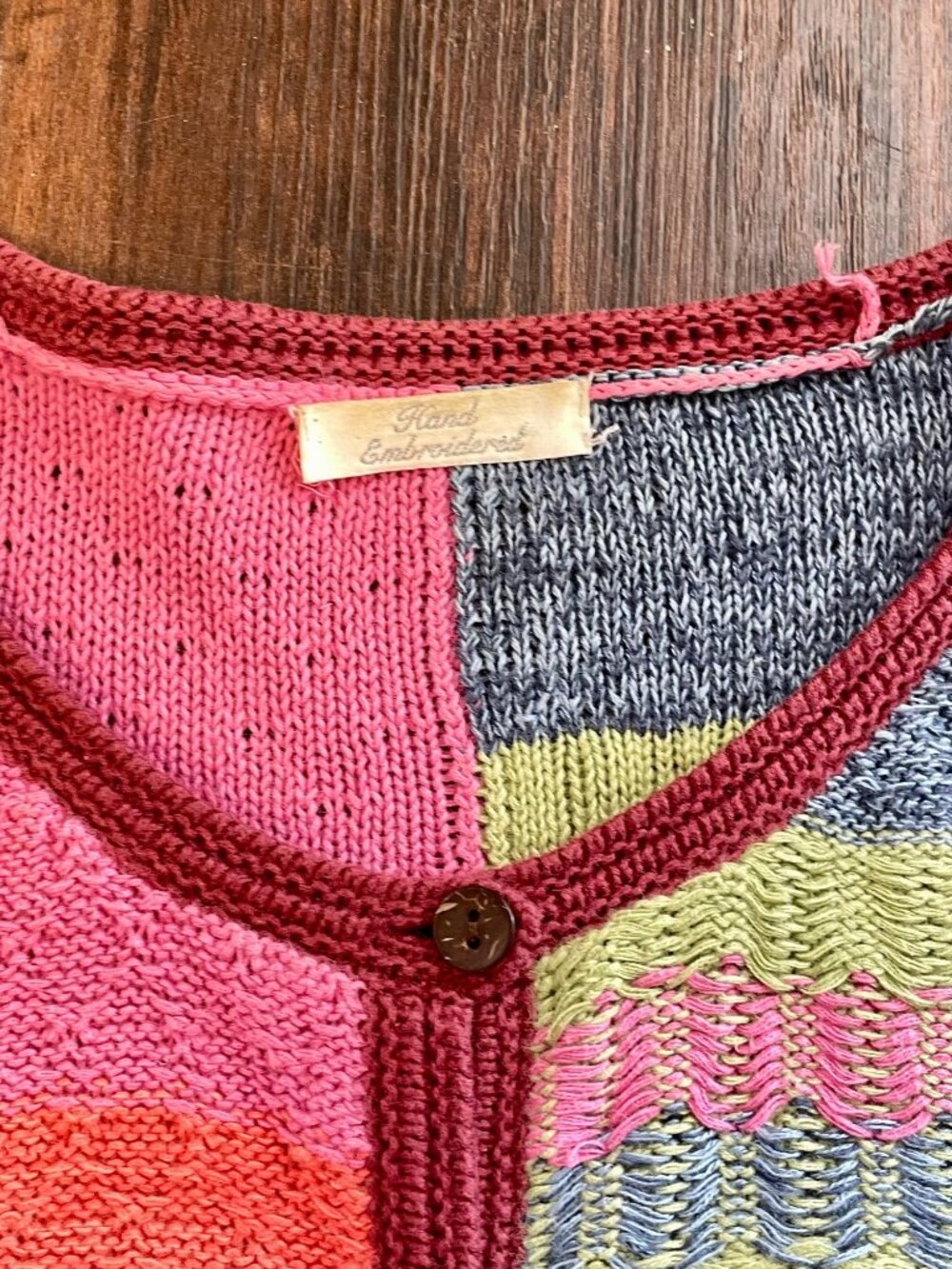 Vintage 1990s Colorful Hand Knit Patchwork Embroidered 3D Knit Cardigan Sweater - Picture 4 of 13